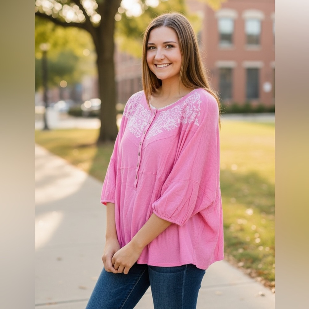 1.4.3 Story Dolman Sleeve Embroidered Pink Blouse